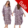 ladies floral lilac purple silky shiny satin in full length kimono with full length sleeves trimmed with floral satin in UK sizes 10, 12, 14, 16, 18, 20,