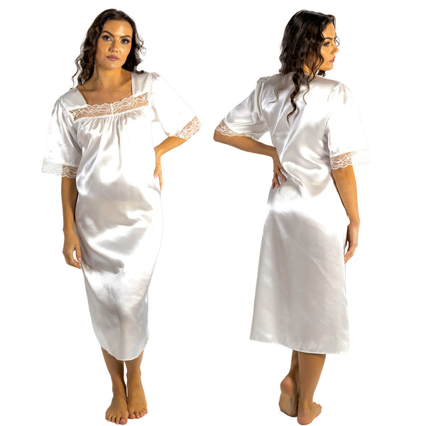 plain ivory white shiny silky satin classic style mid length nightdress which is straight in fit with gathered fabric to the chest and elbow length sleeves. The chest and sleeves are trimmed with floral lace and it it available in UK plus sizes 8, 10, 12, 14, 16, 18, 20, 22, 24, 26, 28, 30, 32, 34