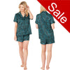 Animal print mat satin pjs set in colours black and jade and they consist of a shirt style top with a collar, top pocket and button up front and short sleeves with matching shorts with an elasticated waist band. In UK size 14, 16, 18, 20