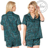 Animal print matt satin pjs set in colours black and jade and they consist of a shirt style top with a collar, top pocket and button up front and short sleeves with matching shorts with an elasticated waist band. In UK size 10, 12, 14, 16, 18, 20