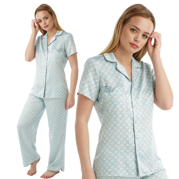 aqua blue murcia tile print mat satin pjs set consisting of a shirt style top with a collar, top pocket and button up front with matching full length trousers with an elasticated waist band in UK plus sizes 26, 28, 30