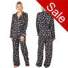 Black dragonfly print mat satin pjs set consisting of a shirt style top with a collar, top pocket and button up front with matching full length trousers with an elasticated waist band in UK plus size 14, 16, 18, 20, 22, 24, 