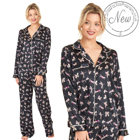 Black Sexy Satin Dragonfly Print Pyjamas PJs Set Negligee Lingerie PLUS SIZE