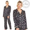 Black dragonfly print mat satin pjs set consisting of a shirt style top with a collar, top pocket and button up front with matching full length trousers with an elasticated waist band in UK plus size 14, 16, 18, 20, 22, 24, 26, 28