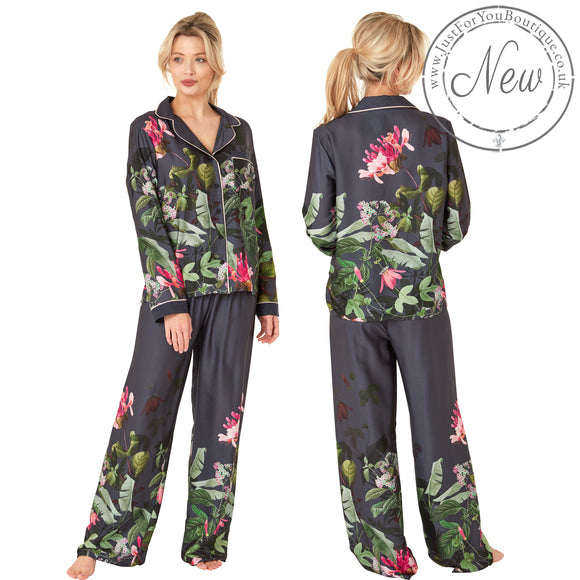 Black floral border print mat satin pjs set consisting of a shirt style top with a collar, top pocket and button up front with matching full length trousers with an elasticated waist band in UK plus size 18, 20, 22, 24, 26, 28