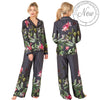 Black floral border print mat satin pjs set consisting of a shirt style top with a collar, top pocket and button up front with matching full length trousers with an elasticated waist band in UK plus size 18, 20, 22, 24, 26, 28