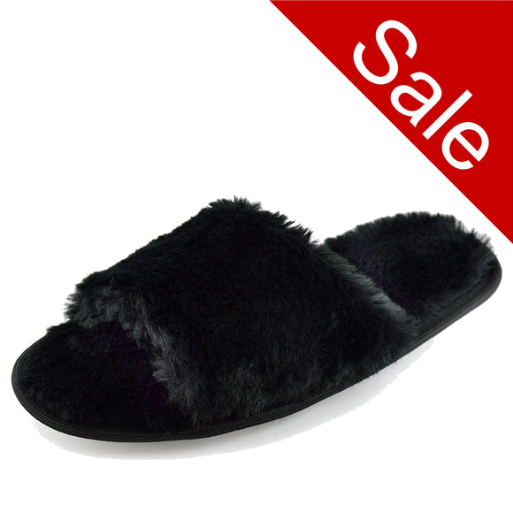 ladies black faux fur fluffy open toe mule slippers in UK sizes 3, 4, 5, 6, 7, 8