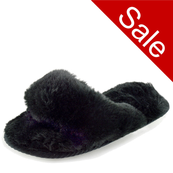 ladies black faux fur fluffy open toe mule slippers with a toe post in UK sizes 3, 4, 5, 6