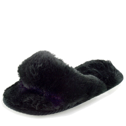 Sale Ladies Black Fluffy Open Toe Post Slippers Mule