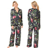 Black full floral tropical print mat satin pjs set consisting of a shirt style top with a collar, top pocket and button up front with matching full length trousers with an elasticated waist band in UK plus size 14, 16, 18, 20, 22, 24, 26, 28