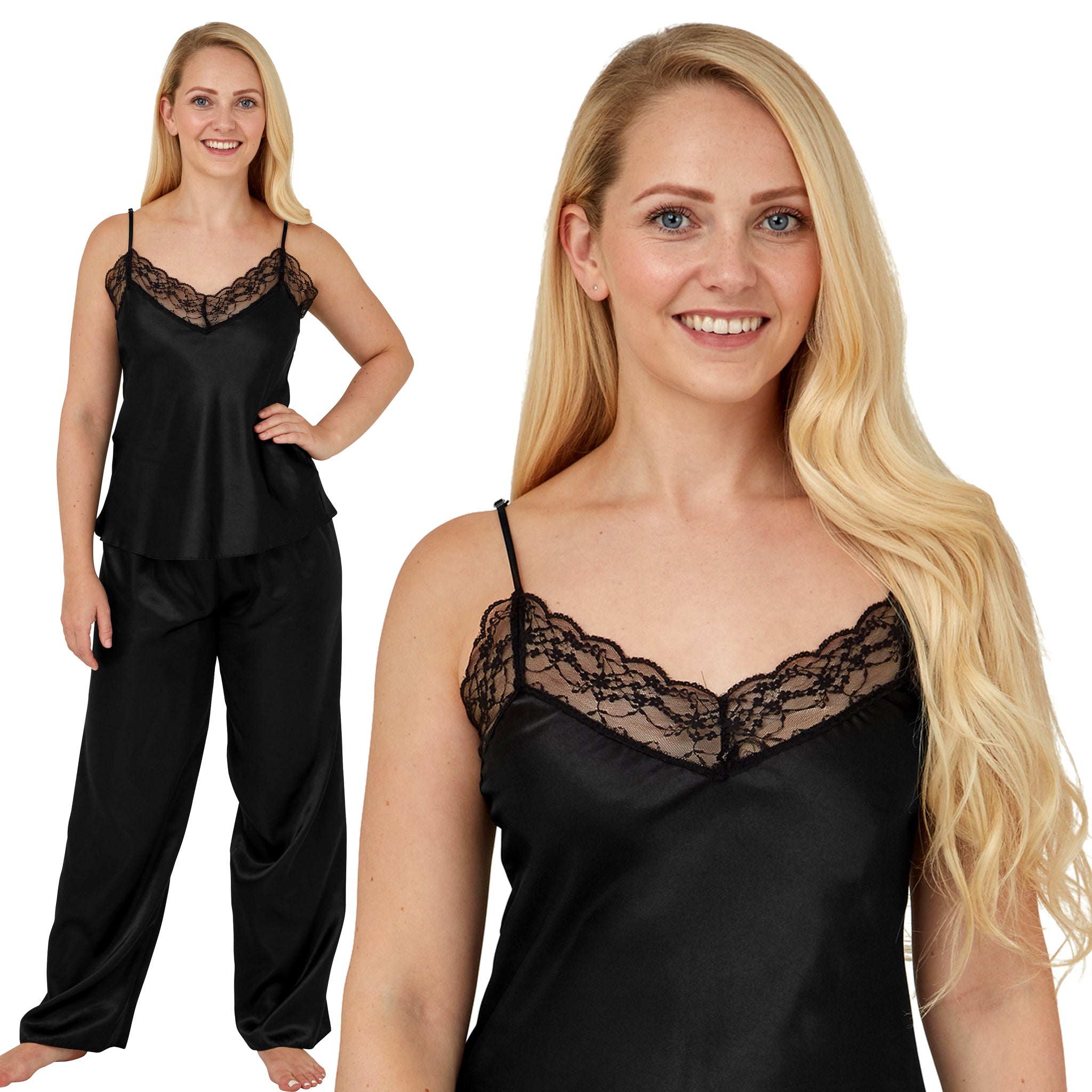 ladies black sexy satin lace strappy cami pjs pyjamas set plus size 12 14 16 18 20 22 24 26 28 30 32 just for you boutique