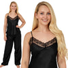 plain black shiny silky satin pjs set which comes with a cami top with adjustable straps and lace trim. The trousers are full length with an elasticated waist band in UK plus sizes 12, 14, 16, 18, 20, 22, 24, 26, 28, 30, 32,