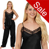 plain black shiny silky satin pjs set which comes with a cami top with adjustable straps and lace trim. The trousers are full length with an elasticated waist band in UK plus sizes 12, 14, 16, 
