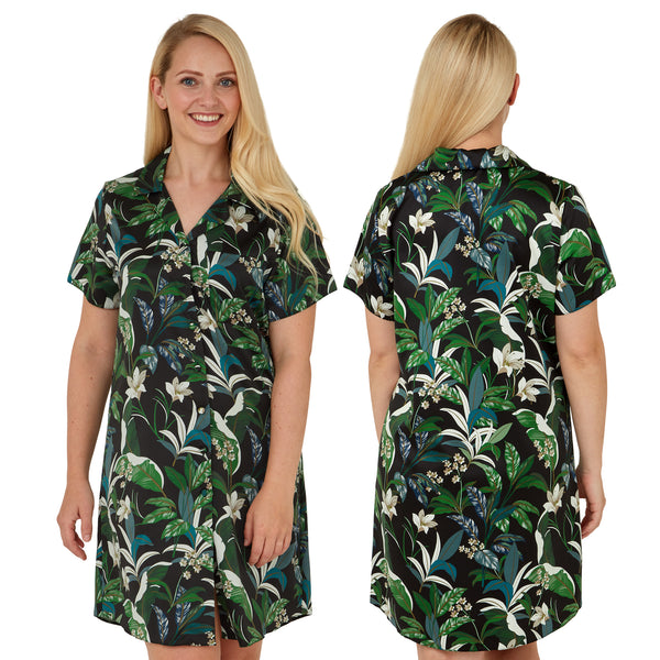 Tropical Floral Print Sexy Satin Nightshirt Short Sleeve Negligee Lingerie PLUS SIZE