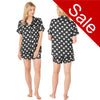 Black and white cute heart print satin pjs set and they consist of a shirt style top with a collar, top pocket and button up front and short sleeves with matching shorts with an elasticated waist band. In UK size 10, 12, 14, 16, 18, 20