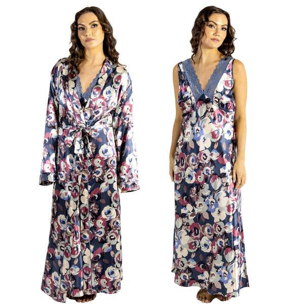 blue abstract floral silky shiny satin and lace matching wide strap nightdress and dressing gown robe set which is full length in UK plus sizes 14, 16, 18, 20, 22, 24, 26, 28