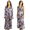 blue abstract floral silky shiny satin and lace matching wide strap nightdress and dressing gown robe set which is full length in UK plus sizes 14, 16, 18, 20, 22, 24, 26, 28