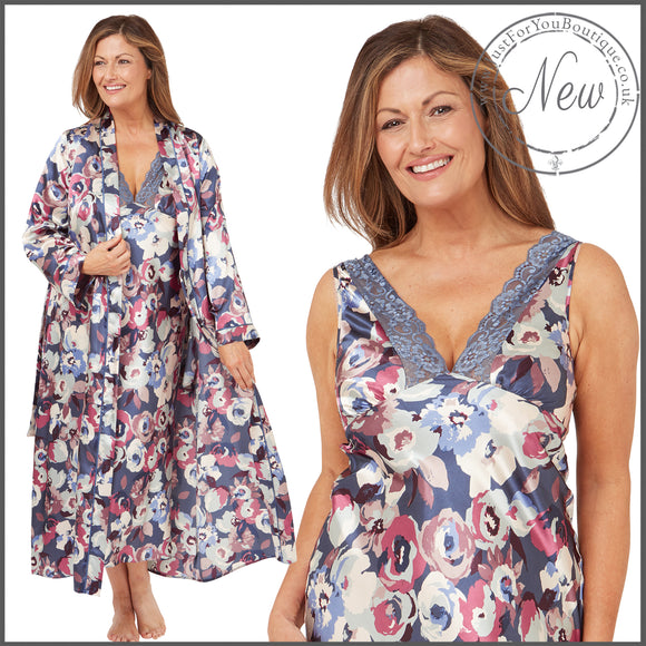 blue abstract floral silky shiny satin and lace matching wide strap nightdress and dressing gown robe set which is full length in UK plus sizes 14, 16, 18, 20, 22, 24, 26, 28