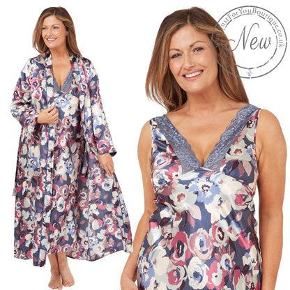 blue abstract floral silky shiny satin and lace matching wide strap nightdress and dressing gown robe set which is full length in UK plus sizes 14, 16, 18, 20, 22, 24, 26, 28