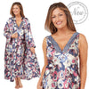 blue abstract floral silky shiny satin and lace matching wide strap nightdress and dressing gown robe set which is full length in UK plus sizes 14, 16, 18, 20, 22, 24, 26, 28