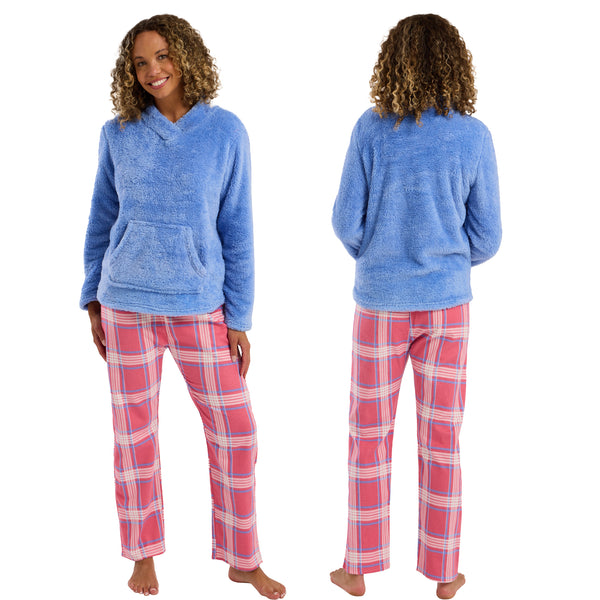 Buy ladies pyjama pjs set with a pink check tartan plaid with brushed cotton winceyette, flannel, flannelette,  wincey trousers with a blue fleece pocketed jumper in UK sizes 8-10, 12-14, 16-18. Same day dispatch, fast UK delivery!