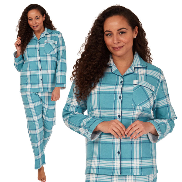 ladies blue check brushed cotton winter pyjamas pjs set with a shirt style which has a button front, collar and long sleeves and full length trousers in UK sizes 10, 12, 14, 16, 18, 20