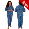 ladies blue spot brushed cotton winter pyjamas pjs set with a shirt style which has a button front, collar and long sleeves and full length trousers in UK sizes 10, 12, 14, 16, 18, 20