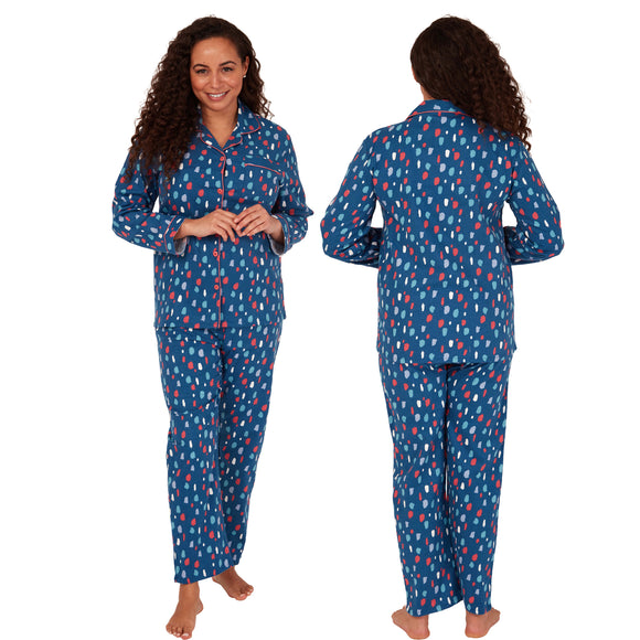 ladies blue spot brushed cotton winter pyjamas pjs set with a shirt style which has a button front, collar and long sleeves and full length trousers in UK sizes 10, 12, 14, 16, 18, 20