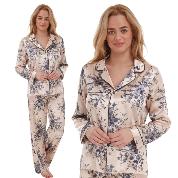 gold background with a blue floral print silky shiny satin pjs set consisting of a shirt style top with full length sleeves, a collar, top pocket and a button up front with matching full length trousers in UK plus sizes 18, 20, 22, 24, 26, 28