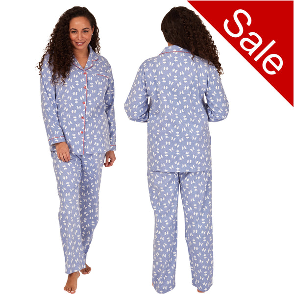 Buy ladies baby blue penguin print 100% brushed cotton pyjama set winceyette flannelette in UK sizes 8-10. Same day dispatch, fast UK delivery!