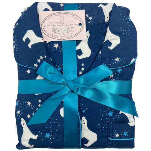 ladies blue poler bear brushed cotton winter pyjamas pjs set with a shirt style which has a button front, collar and long sleeves and full length trousers in UK sizes 10, 12, 14, 16, 18, 20