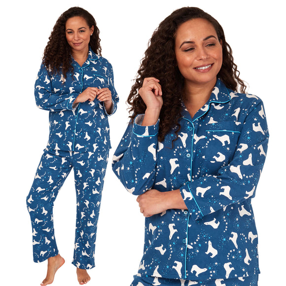ladies blue poler bear brushed cotton winter pyjamas pjs set with a shirt style which has a button front, collar and long sleeves and full length trousers in UK sizes 10, 12, 14, 16, 18, 20