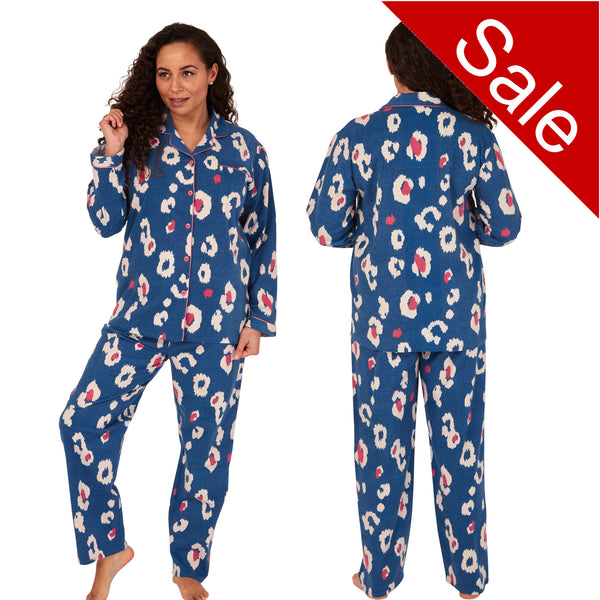 ladies blue large spot brushed cotton winter pyjamas pjs set with a shirt style which has a button front, collar and long sleeves and full length trousers in UK sizes 10, 12, 14, 16, 18, 20