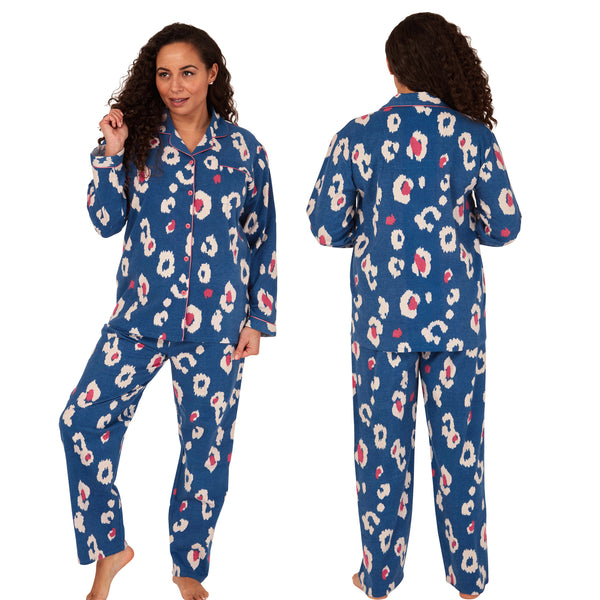 ladies blue large spot brushed cotton winter pyjamas pjs set with a shirt style which has a button front, collar and long sleeves and full length trousers in UK sizes 10, 12, 14, 16, 18, 20