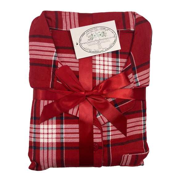 Buy ladies red check tartan plaid 100% brushed cotton winceyette flannelette pyjama pjs set in UK sizes 12-14, 16-18, 20-22. Same day dispatch, fast UK delivery!