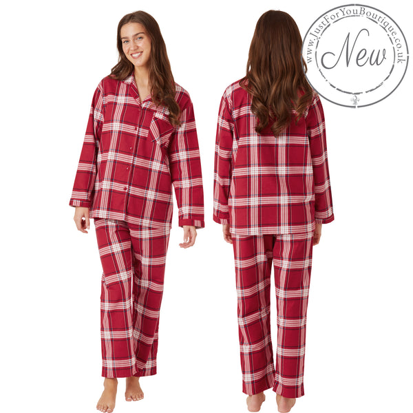 Buy ladies red check tartan plaid 100% brushed cotton winceyette flannelette pyjama pjs set in UK sizes 12-14, 16-18, 20-22. Same day dispatch, fast UK delivery!