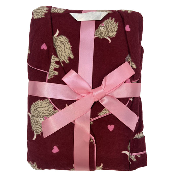 Buy ladies burgundy red highland cow 100% brushed cotton winceyette flannelette pyjama pjs set in UK sizes 12-14, 16-18, 20-22. Same day dispatch, fast UK delivery!