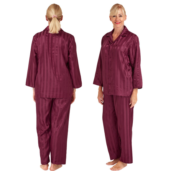 burgundy red jacquard stripe satin pjs set consisting of a shirt style top with a collar, top pocket and button up front with matching full length trousers with an elasticated waist band in UK plus sizes 12, 14, 16, 18, 20, 22, 24, 26