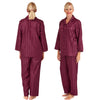 burgundy red jacquard stripe satin pjs set consisting of a shirt style top with a collar, top pocket and button up front with matching full length trousers with an elasticated waist band in UK plus sizes 12, 14, 16, 18, 20, 22, 24, 26