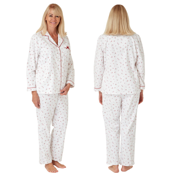Buy ladies pink cute cornflower floral print 100% brushed cotton winceyette flannelette pyjama pjs set in UK sizes 16-18, 20-22. Same day dispatch, fast UK delivery!