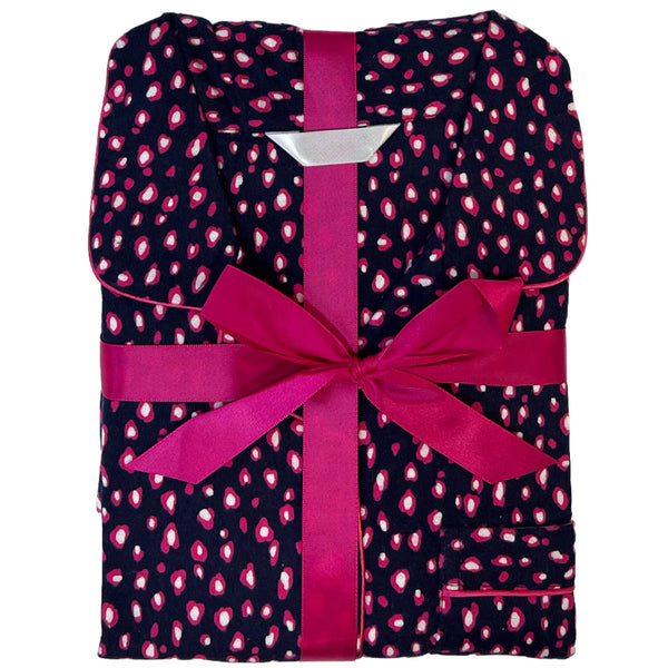 Navy Hot Pink Leopard Animal Print Flannelette Wincey PJs Pyjama Set 100% Cotton