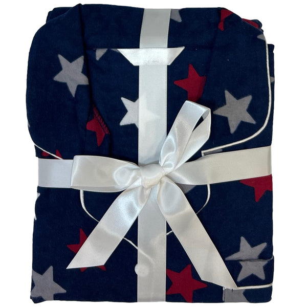 Navy Red Star Pattern Flannelette Wincey PJs Pyjama Set 100% Cotton
