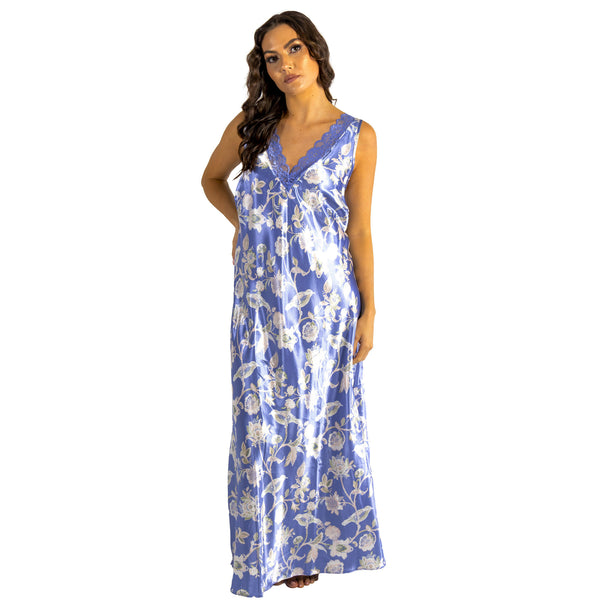 long full length silky shiny satin and lace chemise nightdress with wide fixed straps in a large floral oriental style blue background in UK plus sizes 10, 12, 14, 16, 18, 20, 22, 24, 26, 28,