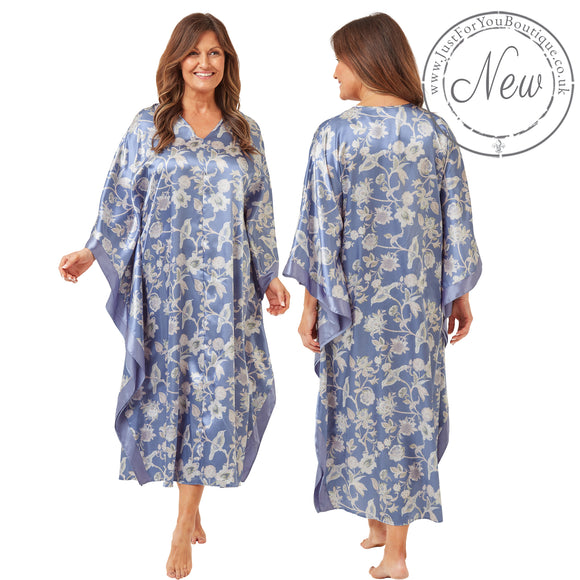 ladies floral light blue silky shiny satin and lace full length kimono with full length sleeves trimmed with floral satin in UK plus sizes 18, 20, 22, 24, 26, 28