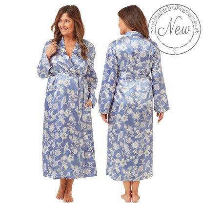 ladies floral light blue silky shiny satin and lace full length dressing gown, bathrobe, wrap, kimono with full length sleeves trimmed with lace in UK plus sizes 18, 20, 22, 24, 26, 28