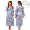 ladies floral light blue silky shiny satin and lace full length dressing gown, bathrobe, wrap, kimono with full length sleeves trimmed with lace in UK plus sizes 18, 20, 22, 24, 26, 28