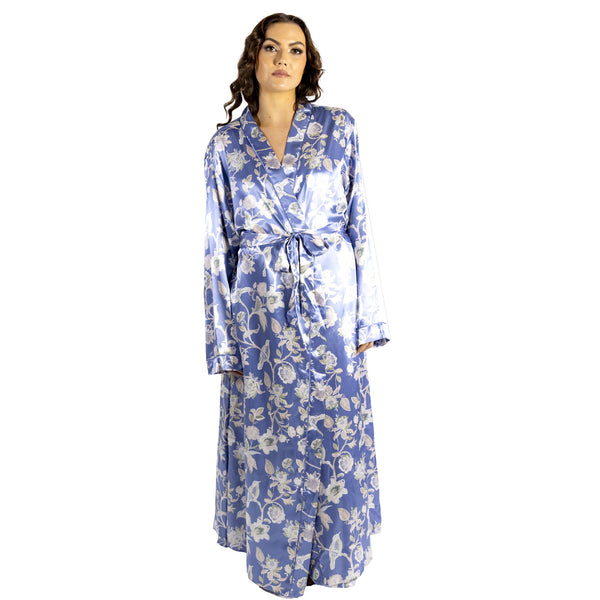 ladies floral light blue silky shiny satin and lace full length dressing gown, bathrobe, wrap, kimono with full length sleeves trimmed with lace in UK plus sizes 18, 20, 22, 24, 26, 28