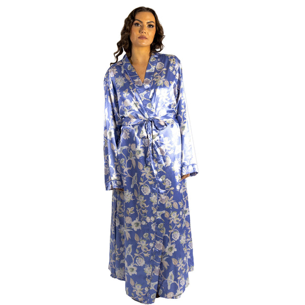 ladies floral light blue silky shiny satin and lace full length dressing gown, bathrobe, wrap, kimono with full length sleeves trimmed with lace in UK plus sizes 10, 12, 14, 16, 18, 20, 22, 24, 26, 28