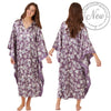 ladies floral lilac purple silky shiny satin and lace full length kimono with full length sleeves trimmed with floral satin in UK plus sizes 18, 20, 22, 24, 26, 28