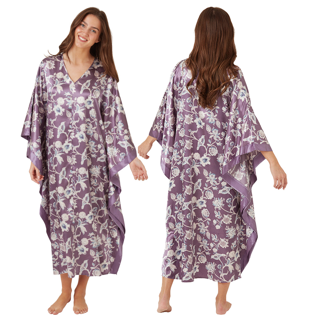 ladies floral lilac purple silky shiny satin in full length kimono with full length sleeves trimmed with floral satin in UK sizes 14, 16, 18, 20, 22, 24,